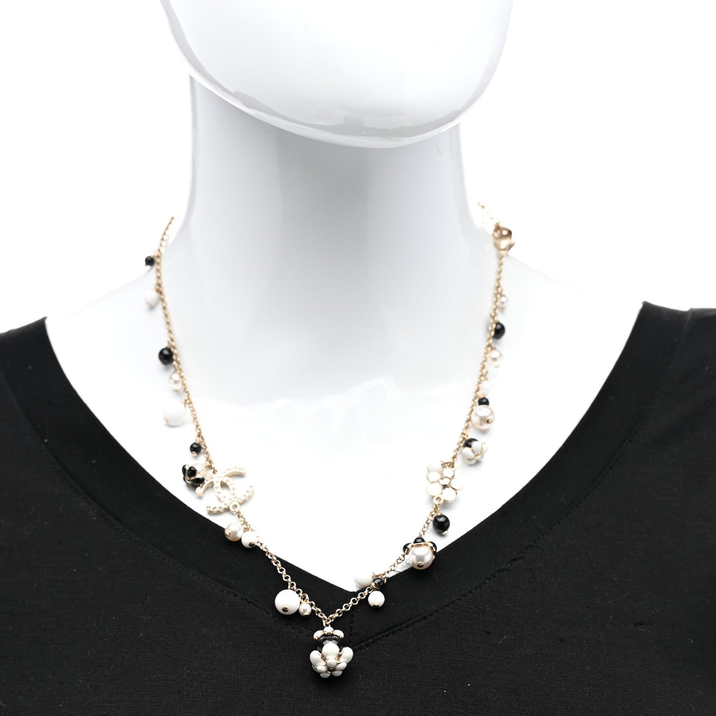 Pearl Bead Crystal CC Necklace Gold Black White
