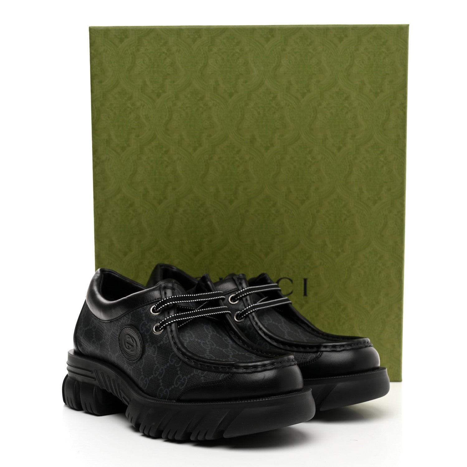 Gucci GG Supreme Monogram Quebec Calfskin Retro Interlocking G Mens Platform Derby Loafers 9 Black 9 of 9