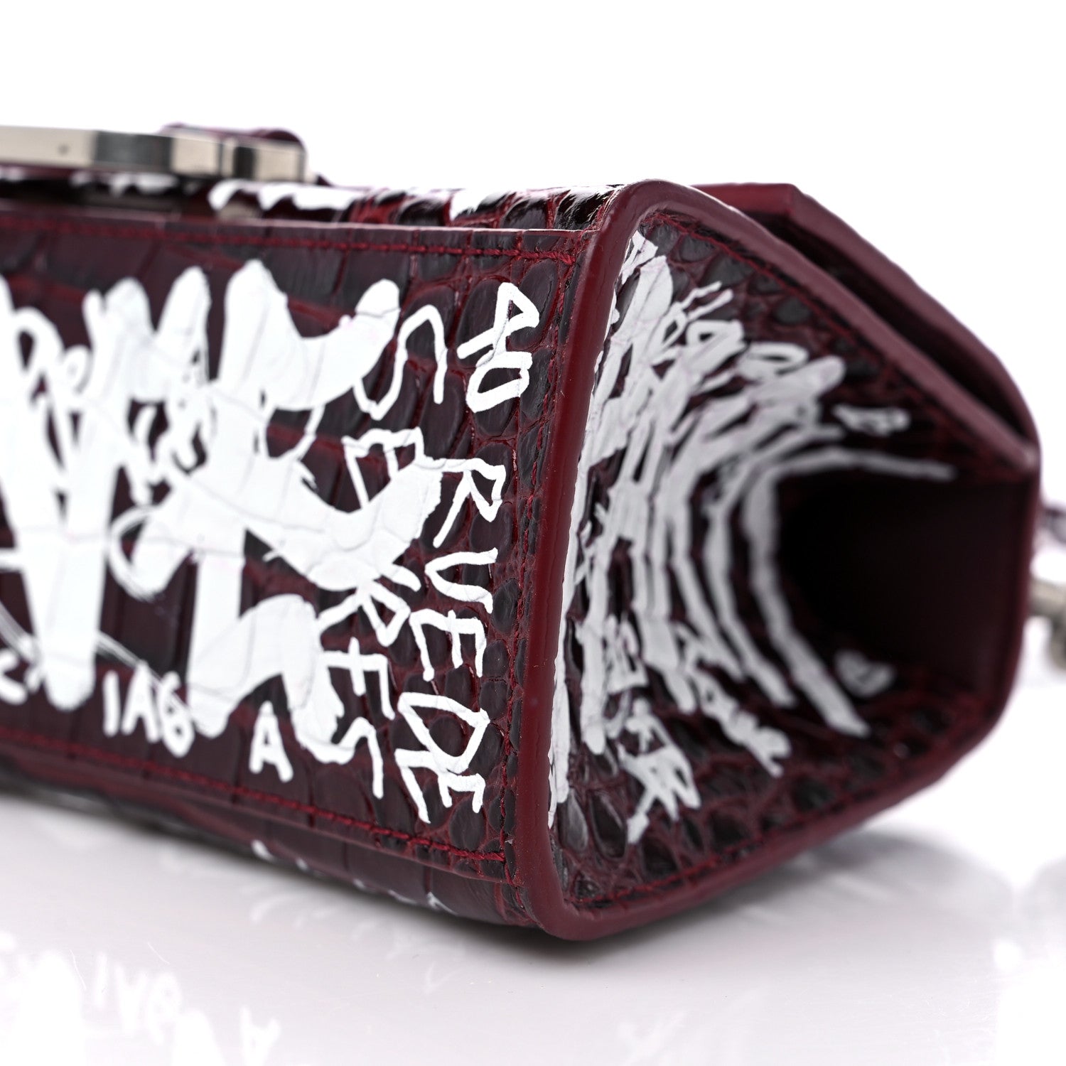 Balenciaga Calfskin Graffiti Crocodile Embossed Hourglass Top Handle Bag XS Dark Red White 8 of 10