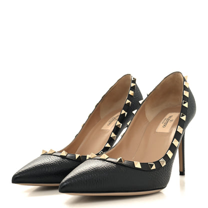 Valentino Garavani Pebbled Calfskin Rockstud 100mm Pumps 39.5 Black 3 of 7