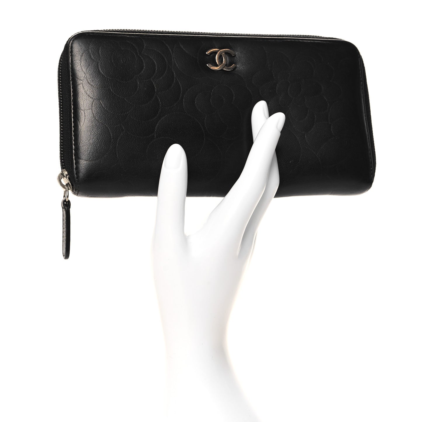 Lambskin Camellia Embossed Large Zip Around Gusset Wallet Black