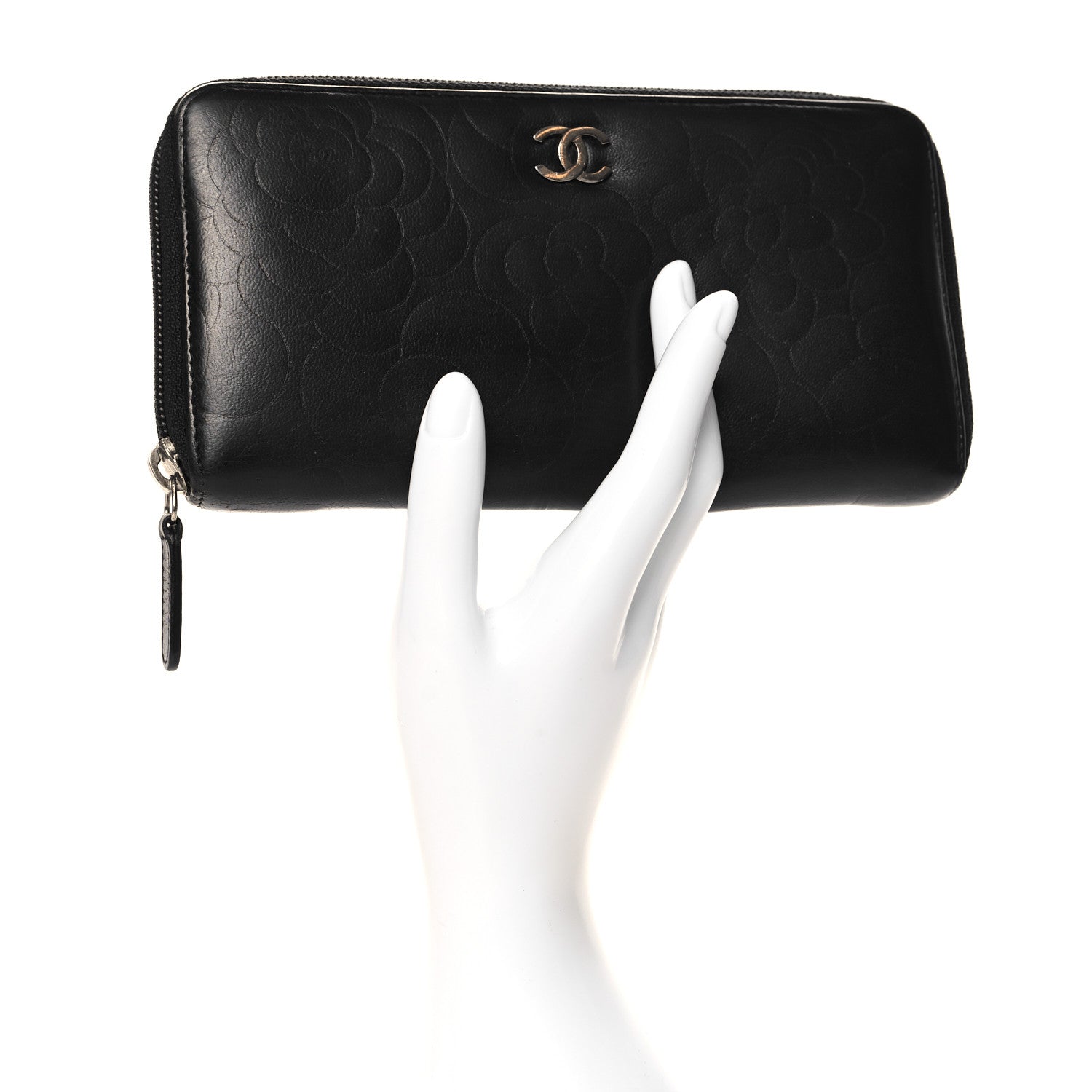 Chanel Lambskin Camellia Embossed Large Zip Around Gusset Wallet Black 2 of 10