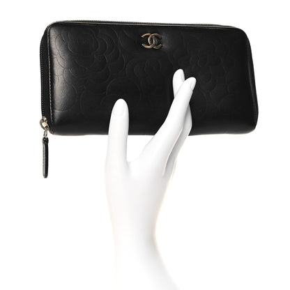 Chanel Lambskin Camellia Embossed Large Zip Around Gusset Wallet Black 2 of 10