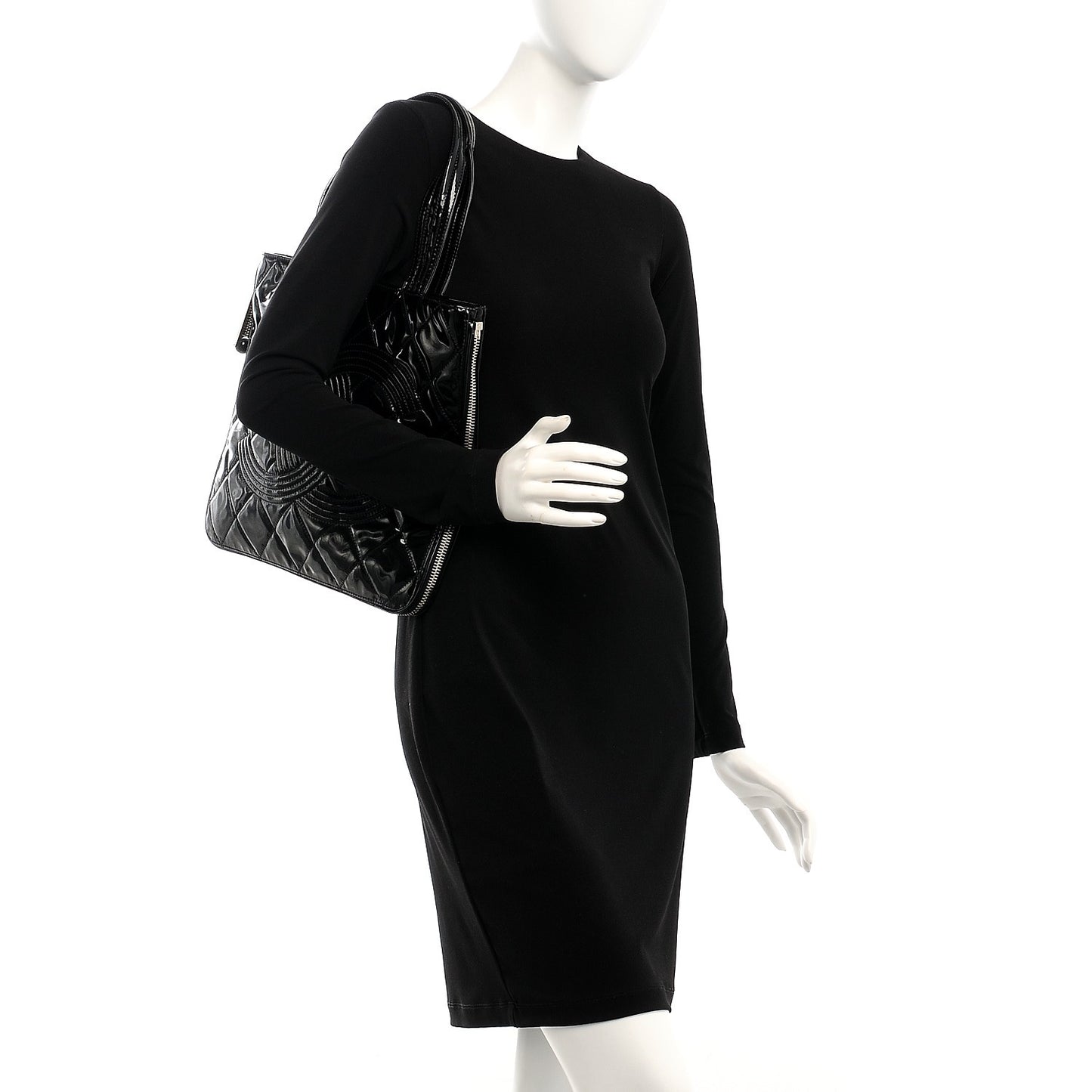 Patent Quilted Expandable CC Shoping Tote Black