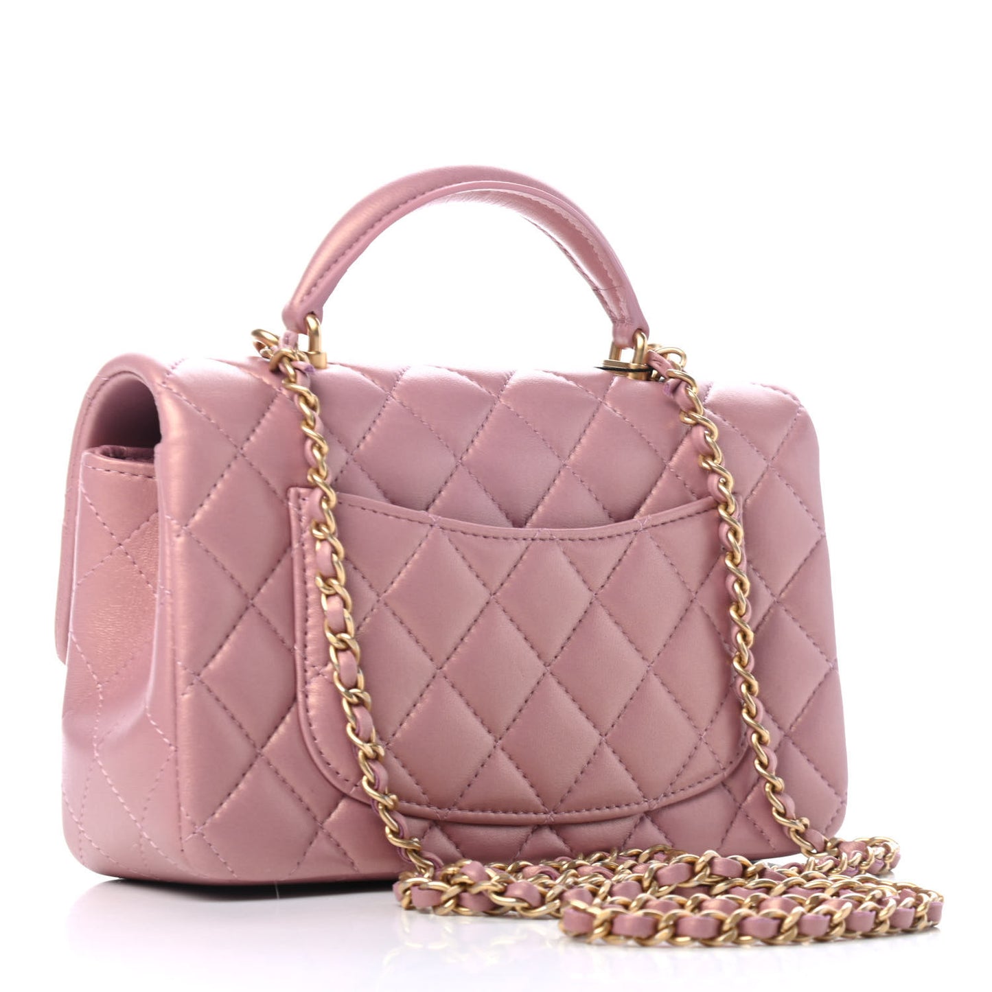 Iridescent Lambskin Quilted Mini Top Handle Rectangular Flap Pink