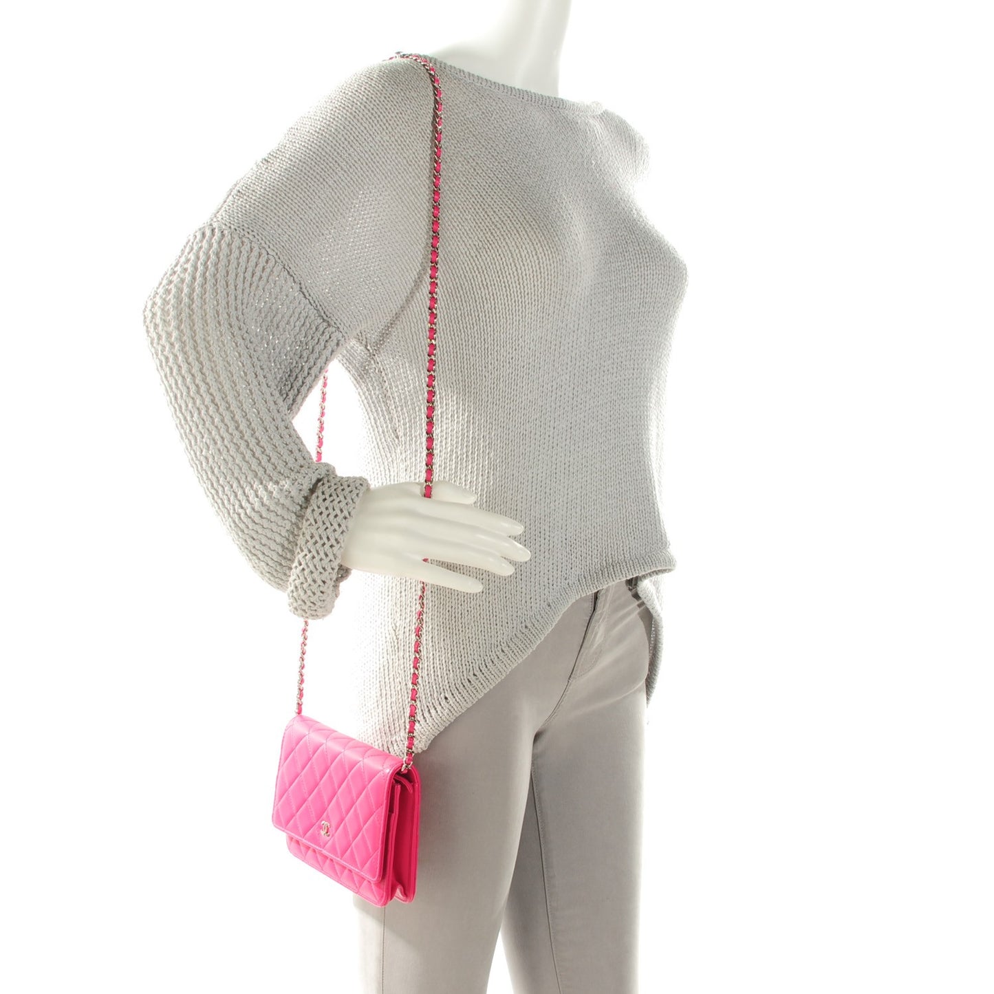 Lambskin Quilted Wallet On Chain WOC Dark Pink