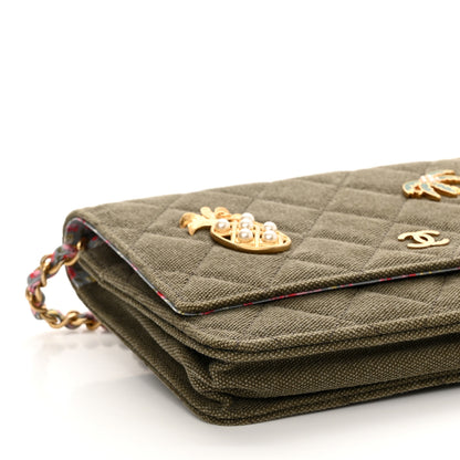 Chanel Canvas Quilted Coco Cuba Charms Wallet On Chain WOC Khaki 9 of 11