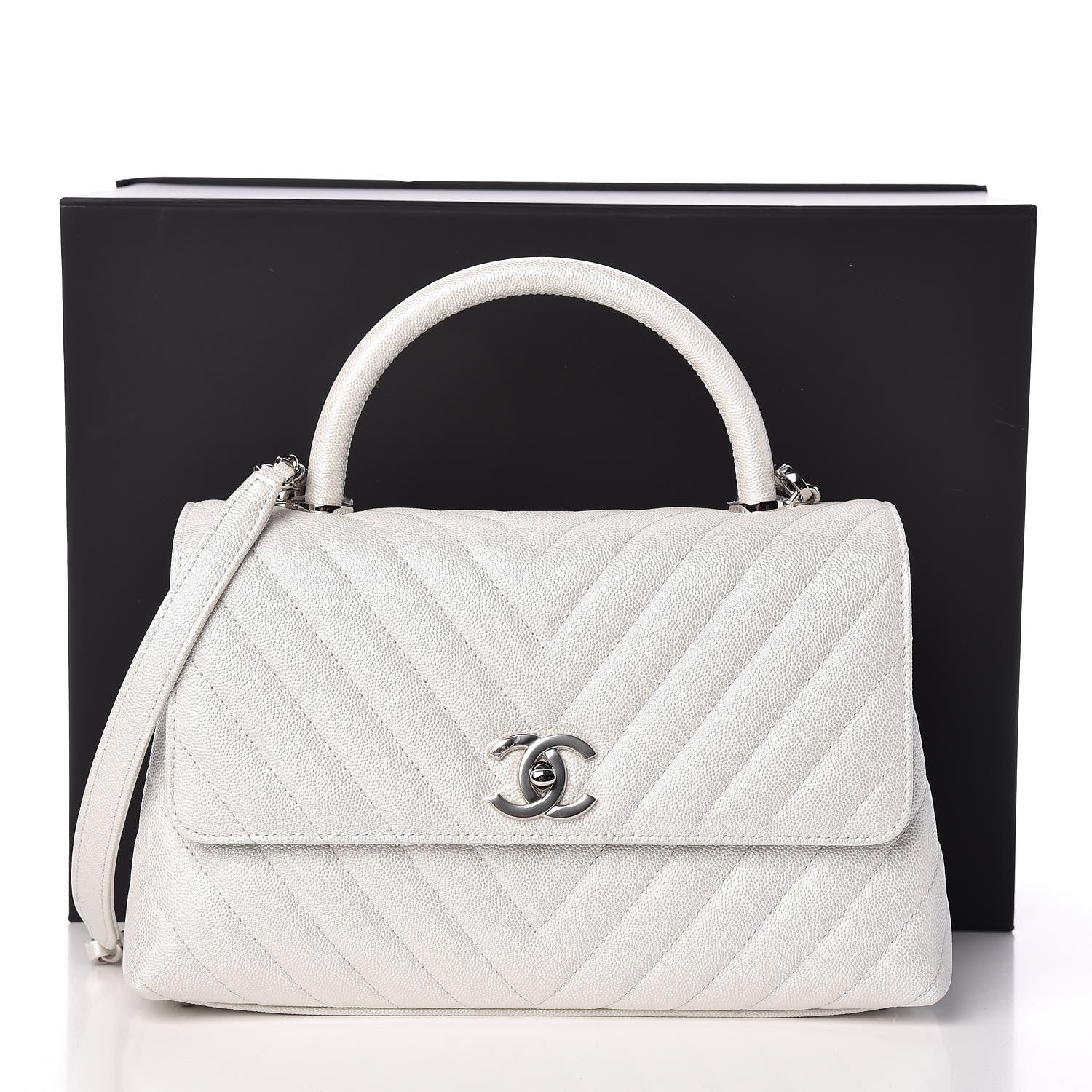 Chanel Iridescent Caviar Chevron Quilted Small Coco Handle Flap White 10 of 10
