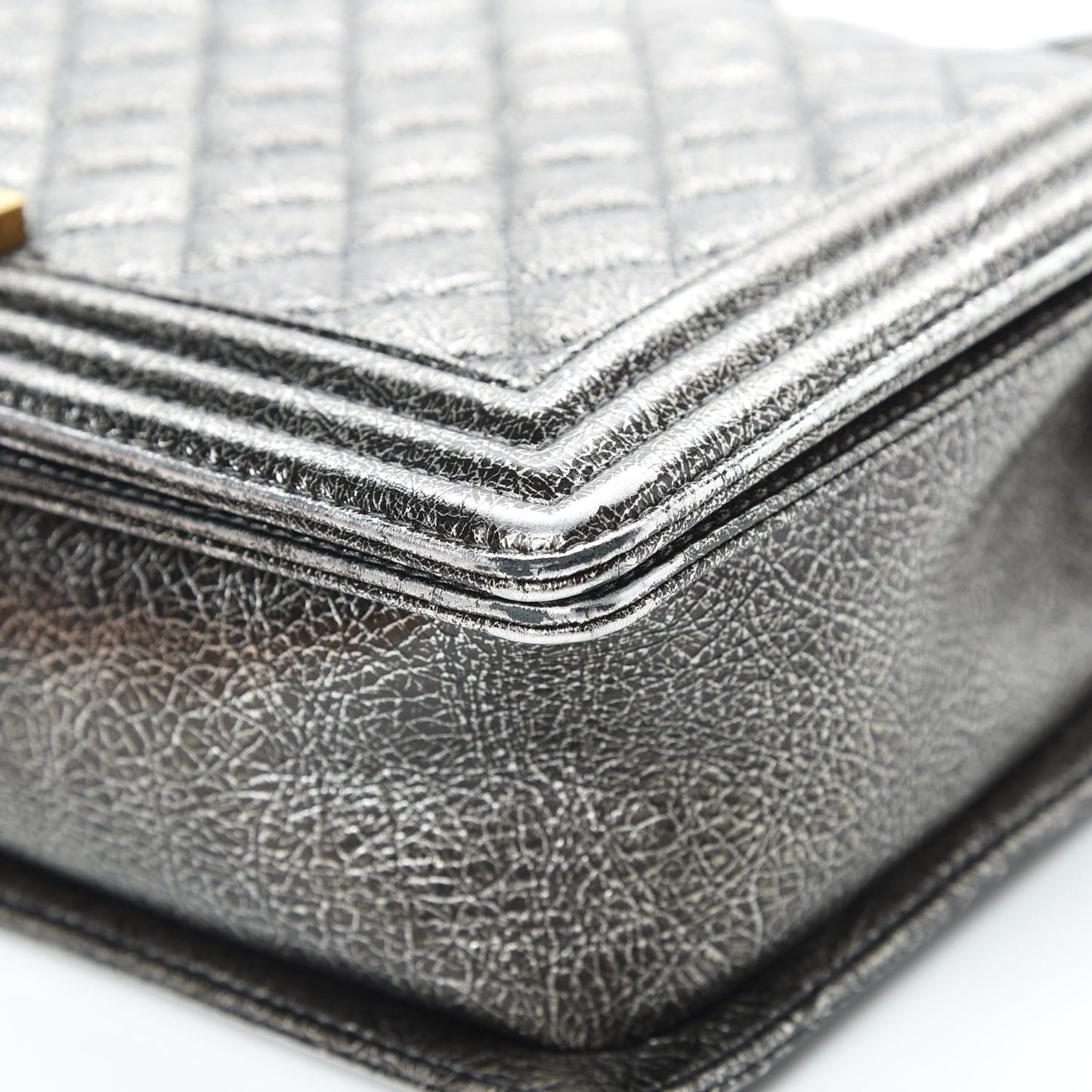 Cracked Metallic Calfskin Quilted New Medium Boy Flap Silver