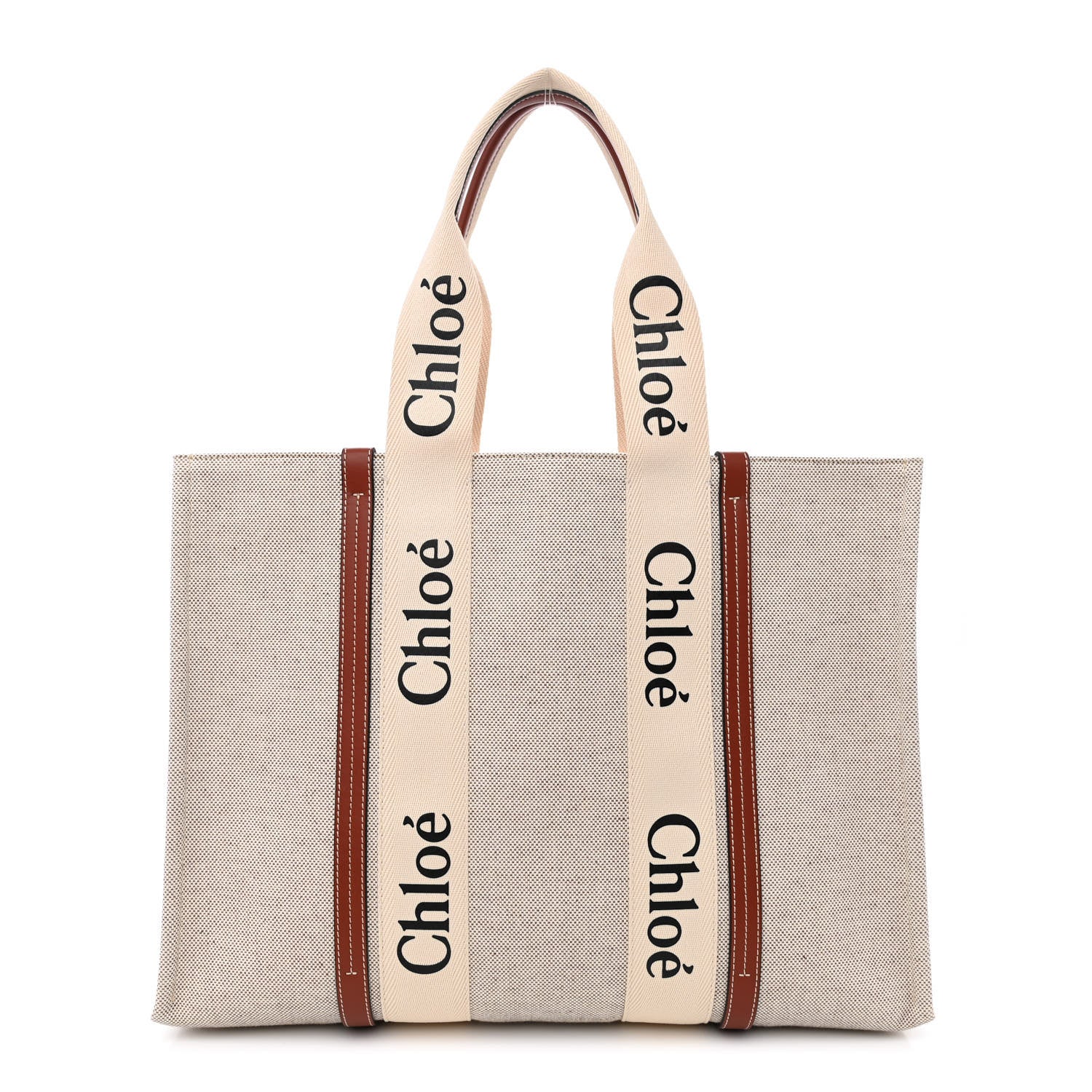 Chloe Cotton Calfskin Large Woody Ribbon Tote White Brown 1 of 10
