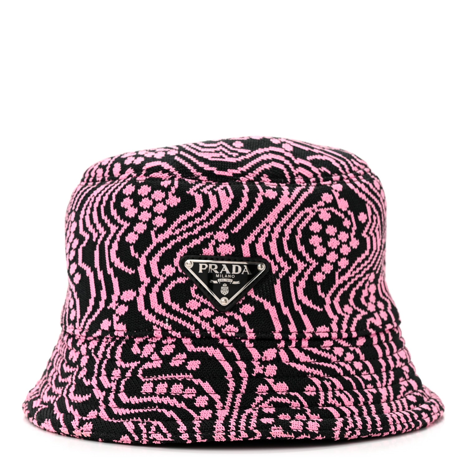 Prada Maglia Jacquard Metal Triangle Logo Womens Bucket Hat M Black Rosa 3 of 8
