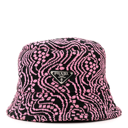Prada Maglia Jacquard Metal Triangle Logo Womens Bucket Hat M Black Rosa 3 of 8