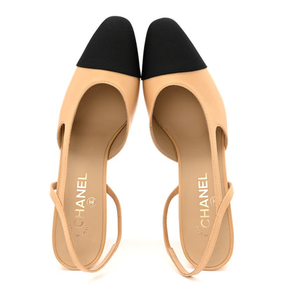 Chanel Goatskin Grosgrain Cap Toe CC Slingback Pumps 41 Beige Black 2 of 10