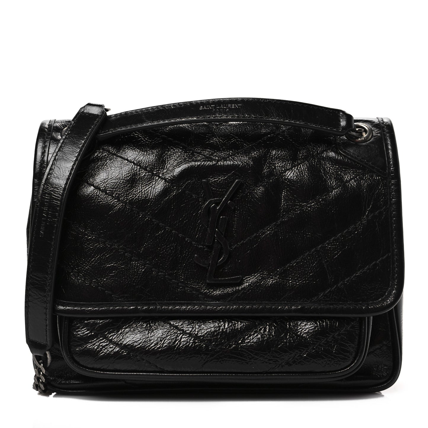 Crinkled Lambskin Matelasse Monogram Baby Niki Chain Satchel Black