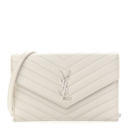 Saint Laurent Grain De Poudre Matelasse Chevron Monogram Envelope Chain Wallet Optical White 1 of 12