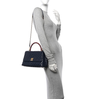 Chanel Aged Calfskin Elaphe Chevron Quilted Small Coco Handle Flap Navy 2 of 16