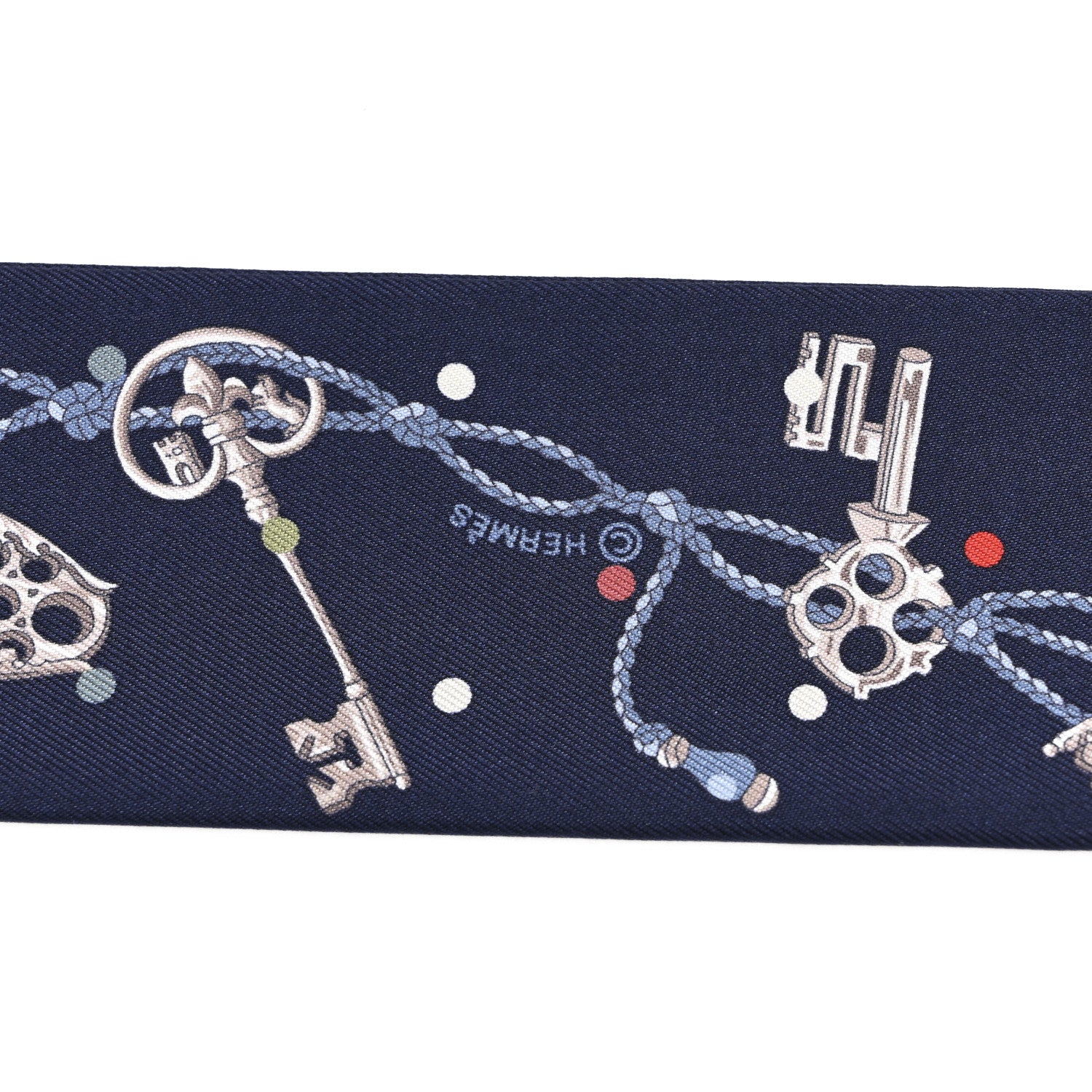 Hermes Silk Calfskin Les Cles A Pois Fringed Twilly Bleu Marine Gris Argent Multicolor 4 of 4