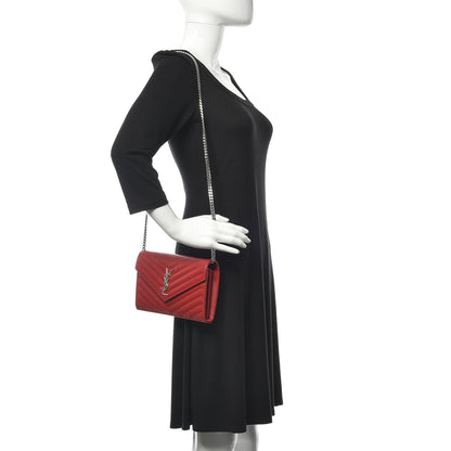 Saint Laurent Grain De Poudre Matelasse Chevron Monogram Chain Wallet New Red 2 of 9