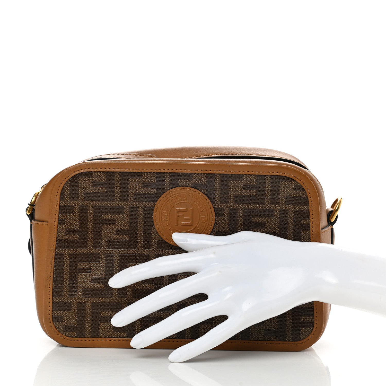 Fendi Glazed Fabric Vitello Century FF 1974 Stamp Patch Camera Case Mogano Panna Caramello 2 of 8
