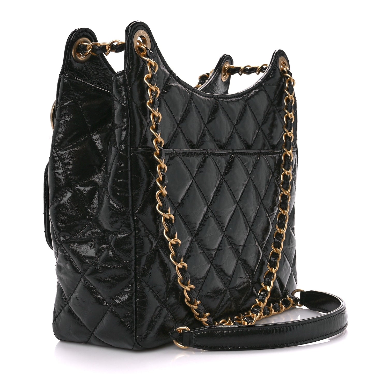 Shiny Crumpled Calfskin Quilted Wavy CC Hobo Black
