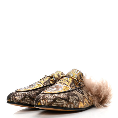 Gucci Brocade Fur Womens Princetown Slippers 38.5 Brown 3 of 9
