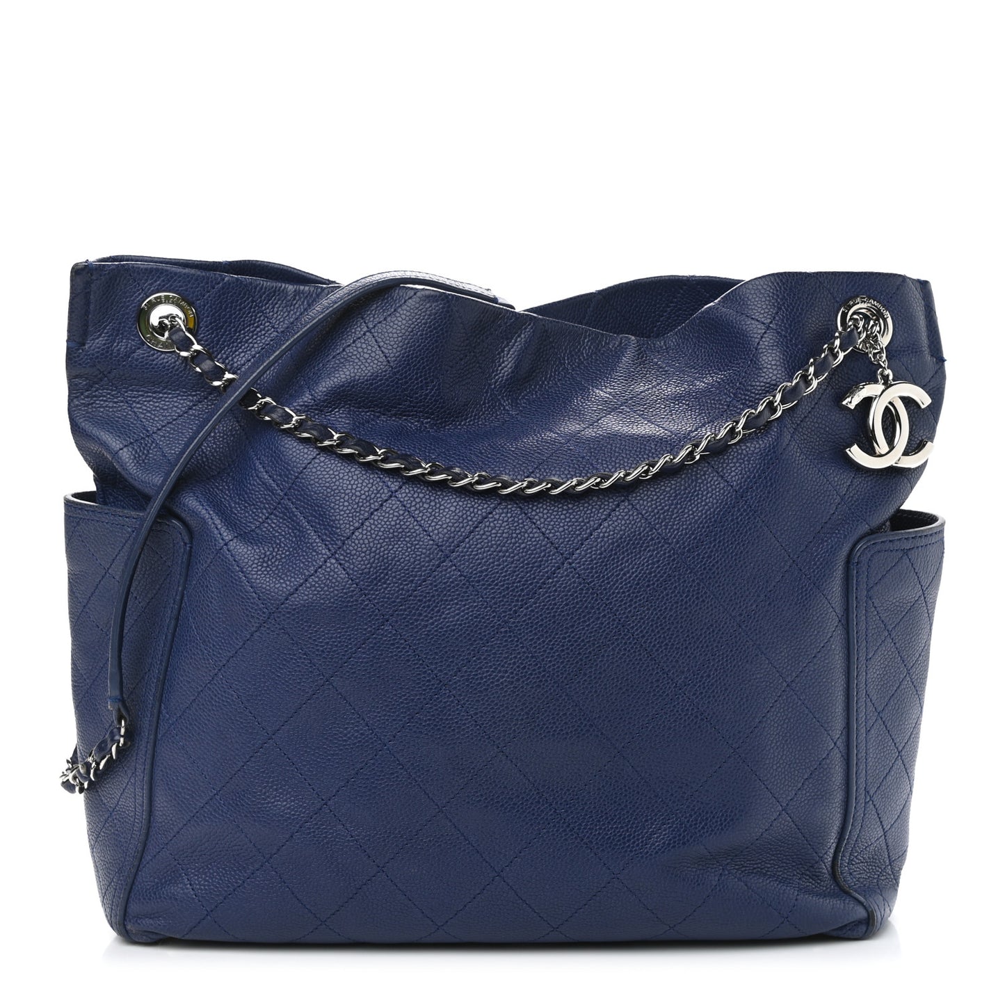Grained Calfskin Stitched CC Pocket Tote Navy Blue