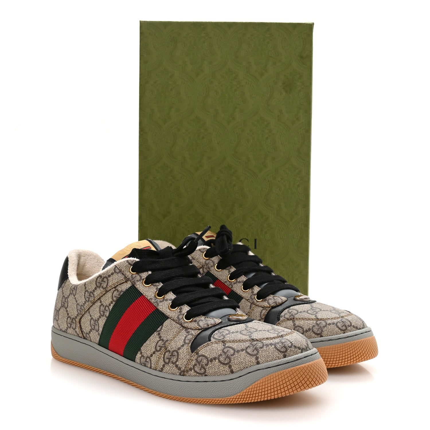 Gucci GG Supereme Monogram Miro Soft Calfskin Web Mens Screener Sneakers 9 Beige Ebony Black New Platinum 9 of 9