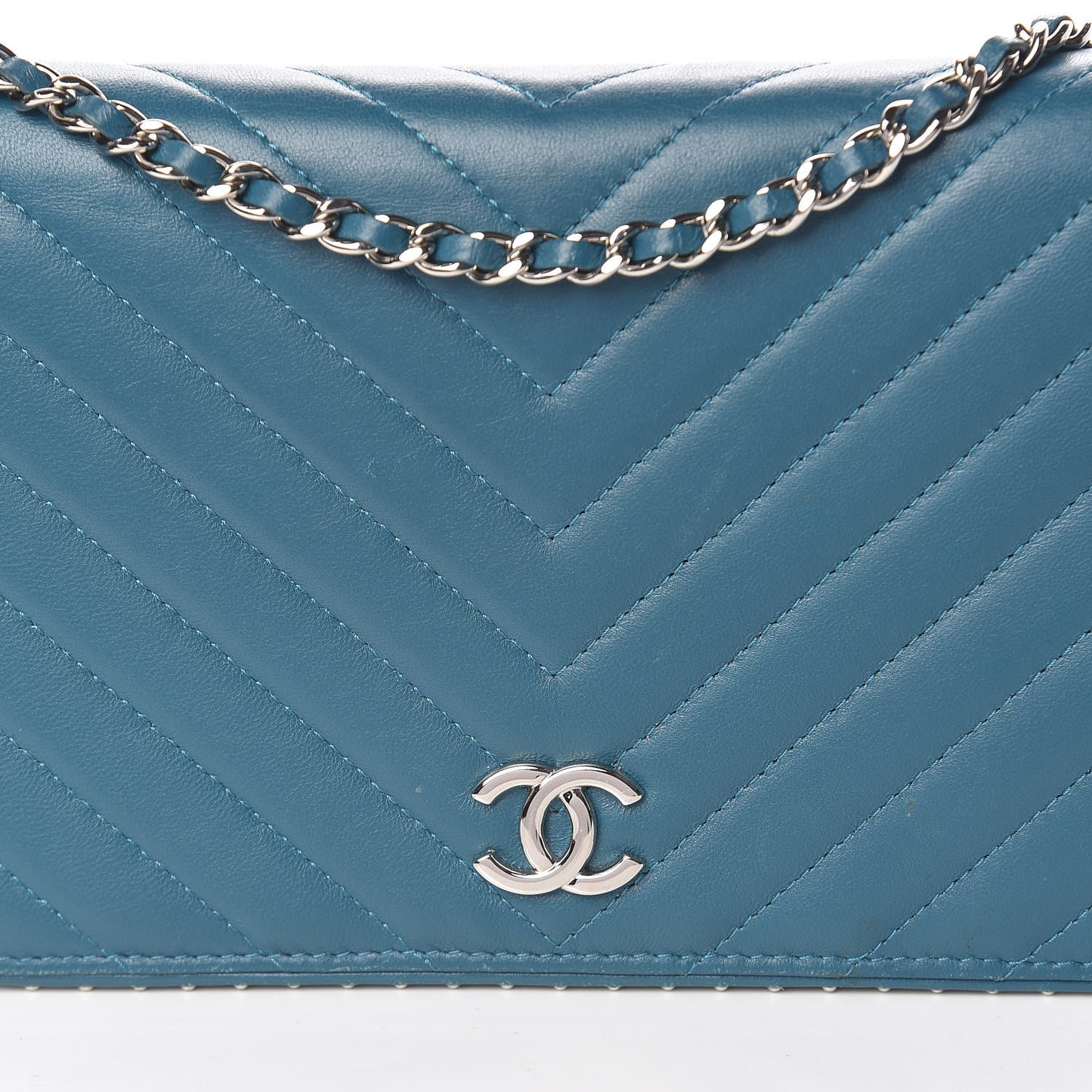 Lambskin Chevron Quilted Studded Wallet On Chain WOC Blue