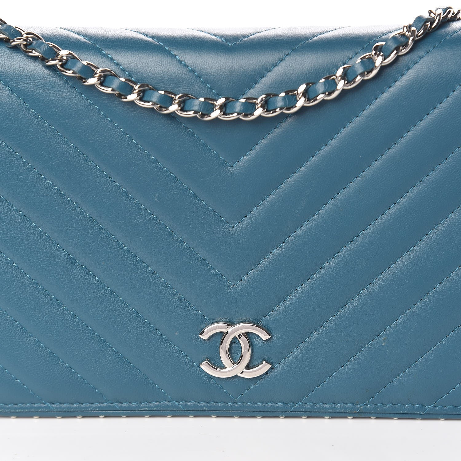 Chanel Lambskin Chevron Quilted Studded Wallet On Chain WOC Blue 9 of 17