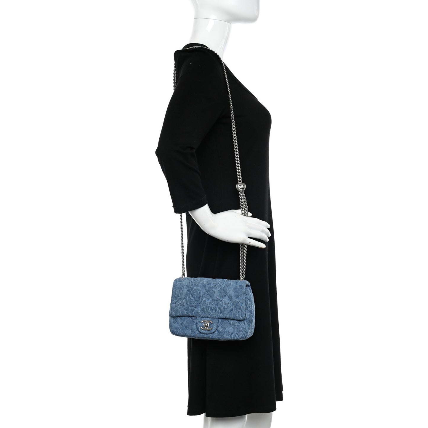 Denim Quilted Camellia Sweetheart Mini Flap Blue