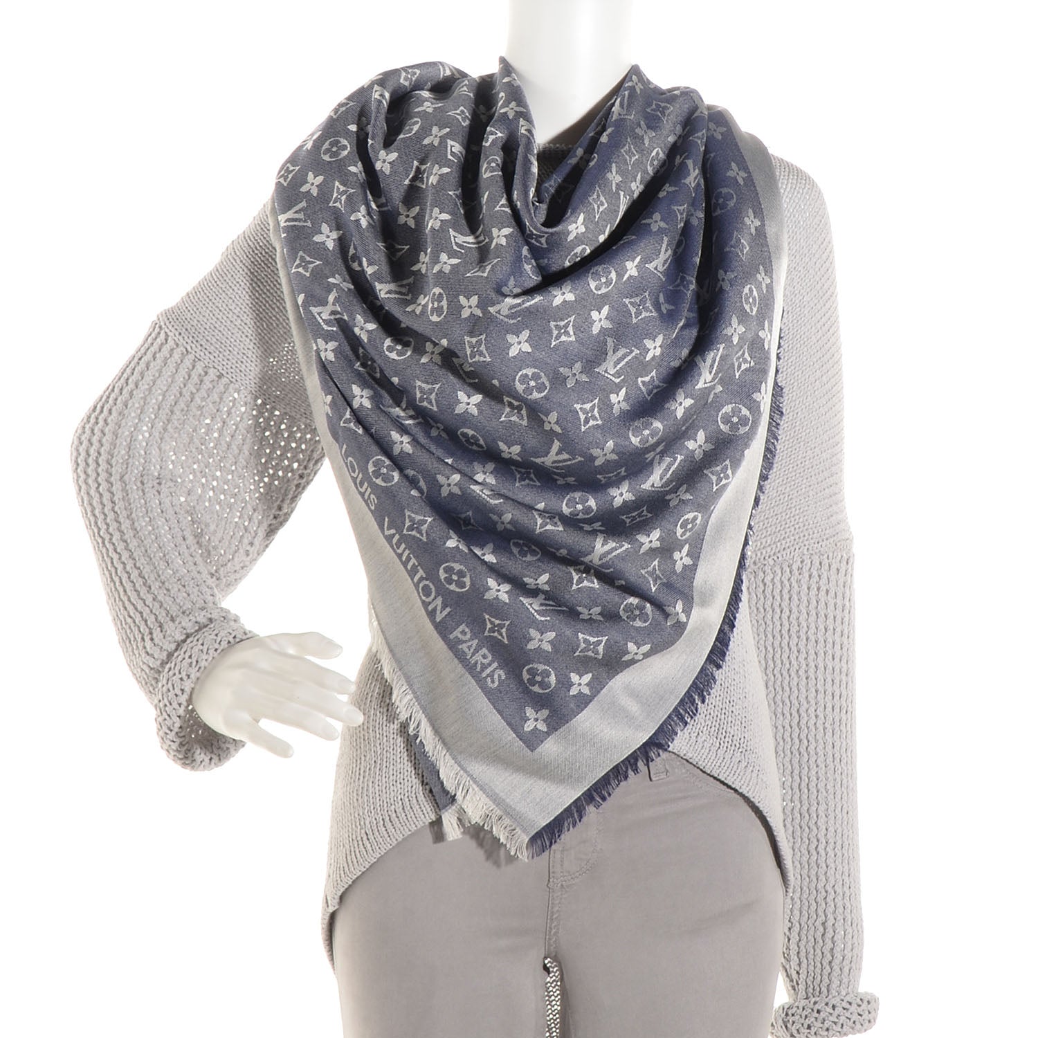 Louis Vuitton Silk Wool Monogram Denim Shawl Blue 2 of 5