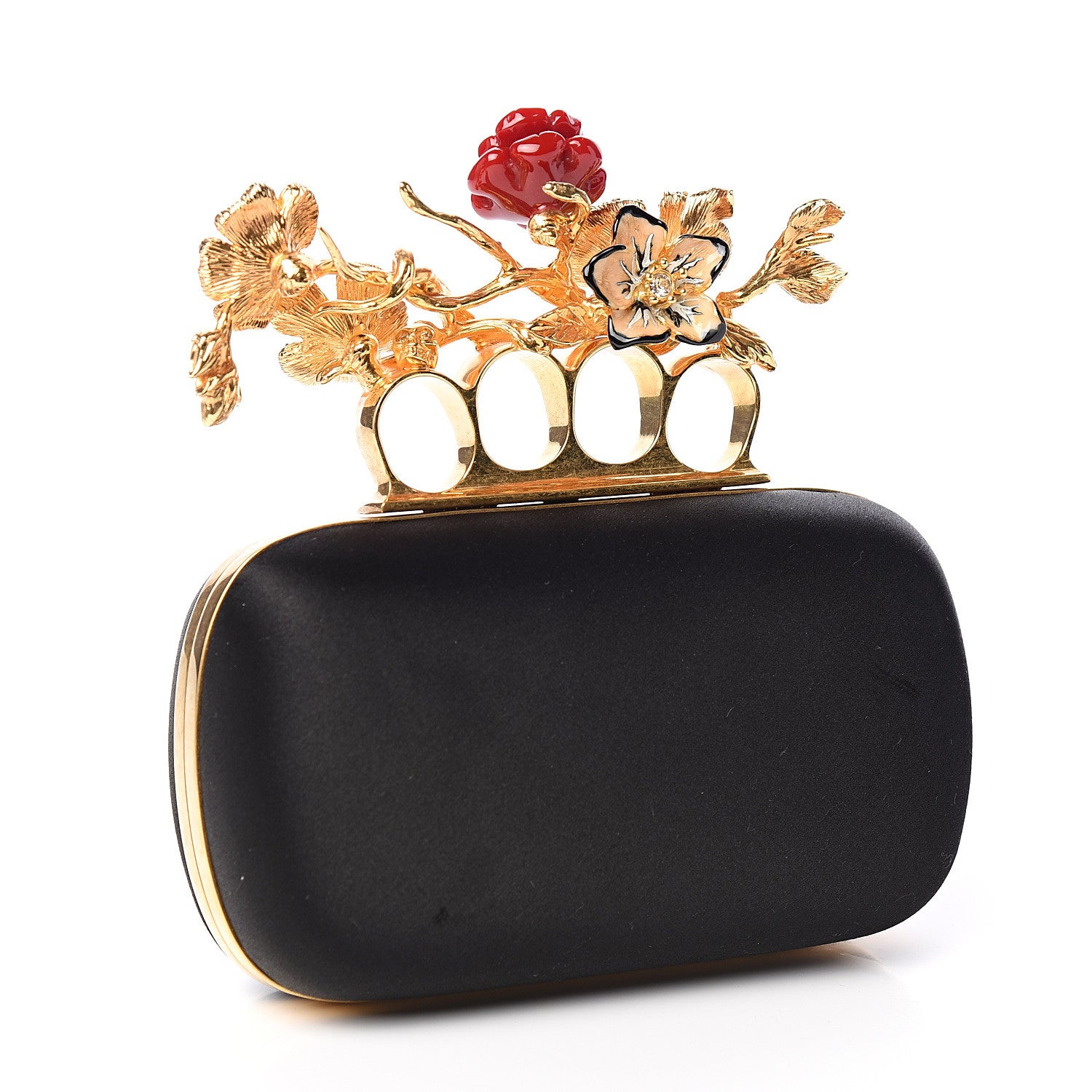 Alexander McQueen Satin Floral Knuckle Duster Box Clutch Black 2 of 7