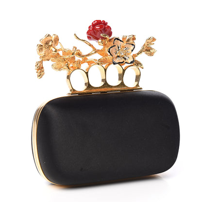 Alexander McQueen Satin Floral Knuckle Duster Box Clutch Black 2 of 7