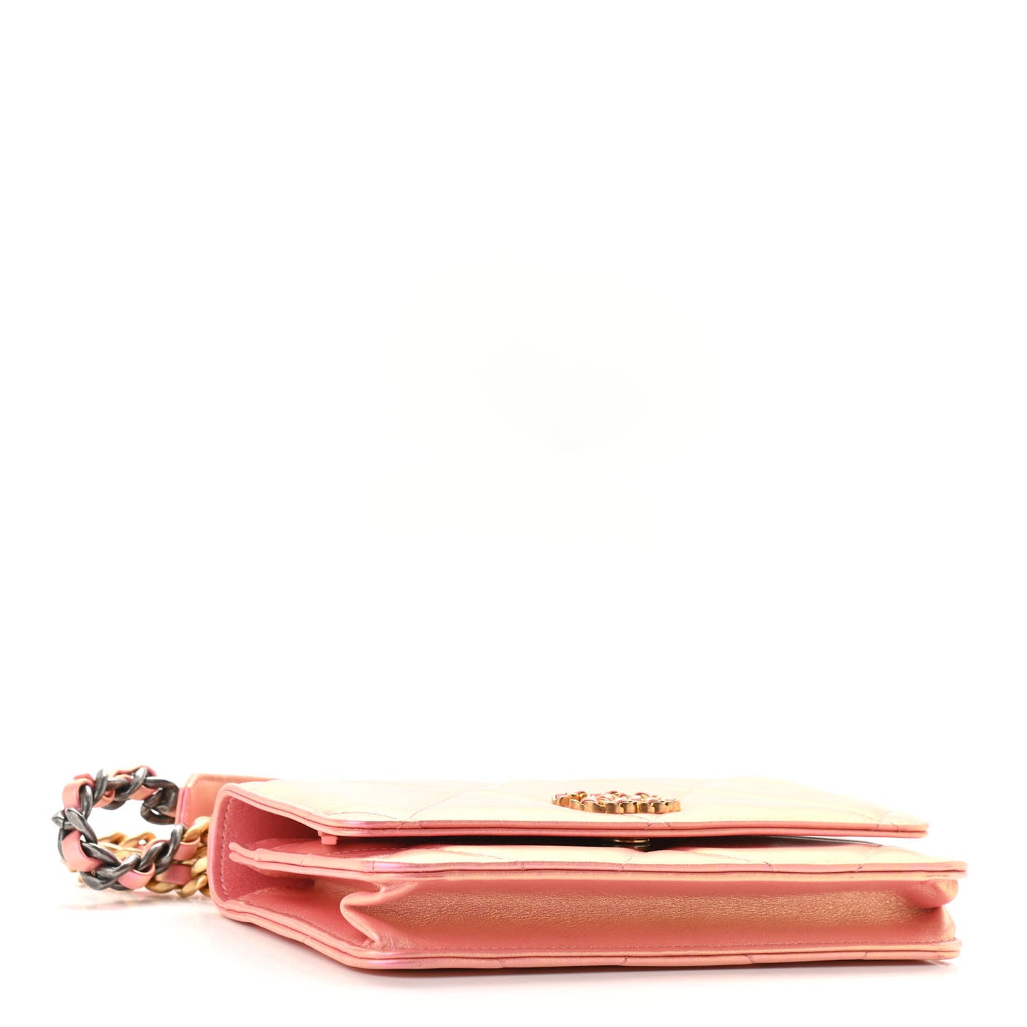Iridescent Calfskin Quilted Chanel 19 Wallet On Chain WOC Pink