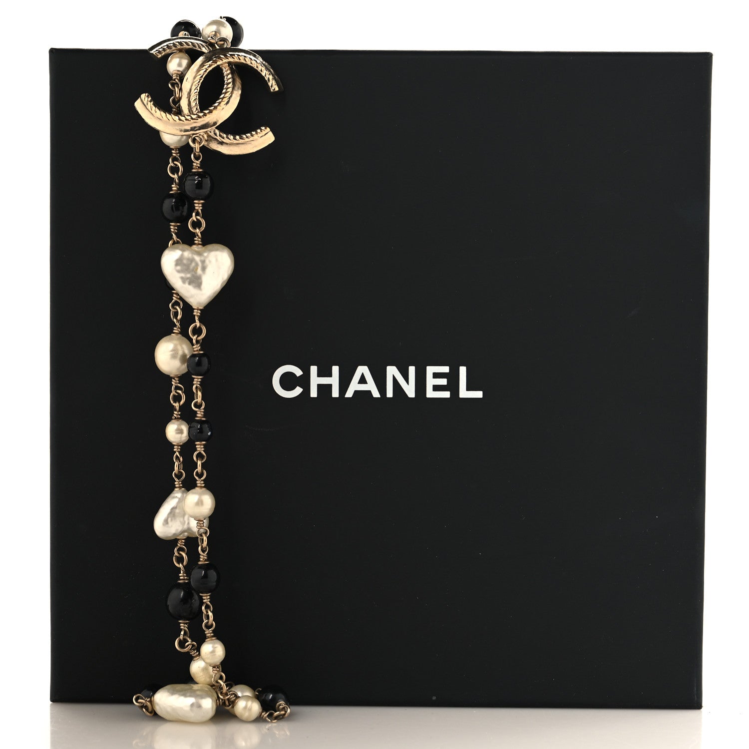 Chanel Pearl Bead Heart CC Long Necklace Gold Black 5 of 5