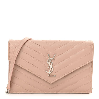 Saint Laurent Grain De Poudre Matelasse Chevron Monogram Envelope Chain Wallet Pale Pink 1 of 10