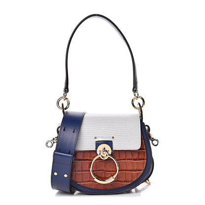 Chloe Shiny Calfskin Crocodile Embossed Small Tess Bag Blue Brown 1 of 9