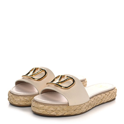 Valentino Garavani Grainy Cowhide Vlogo Espadrille 5mm Flat Slide Sandals 36 Light Ivory 3 of 9