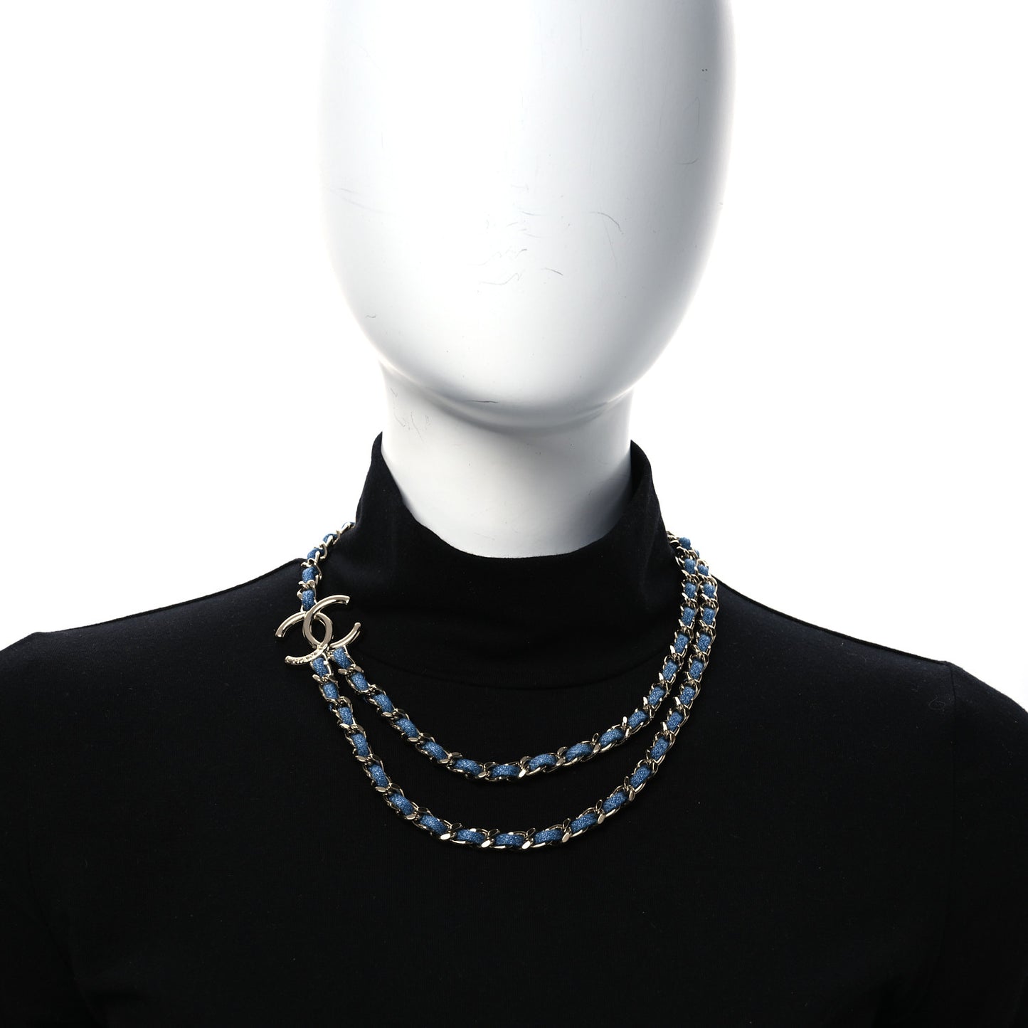 Metal Denim CC Double Chain Necklace Blue Gold