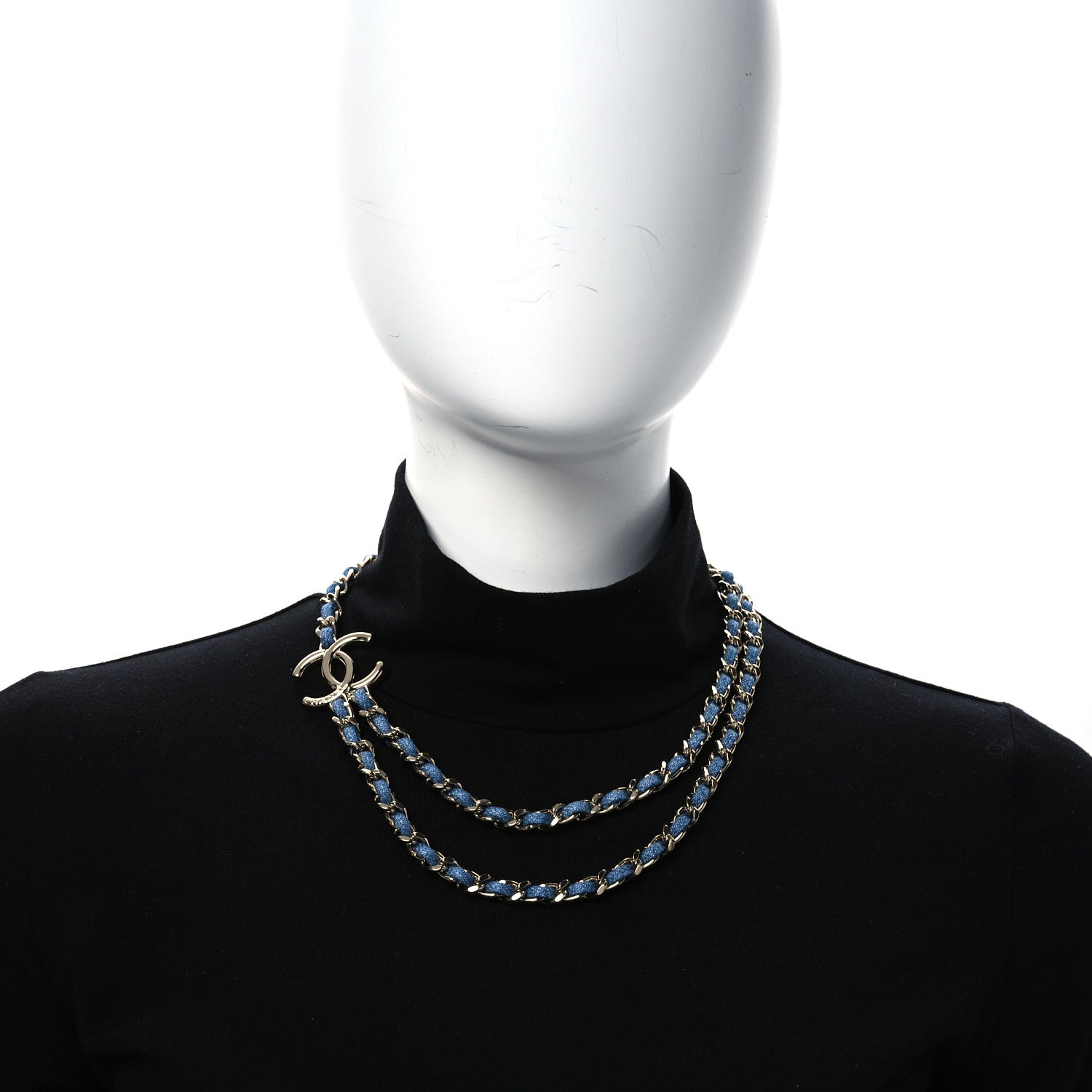 Chanel Metal Denim CC Double Chain Necklace Blue Gold 2 of 7