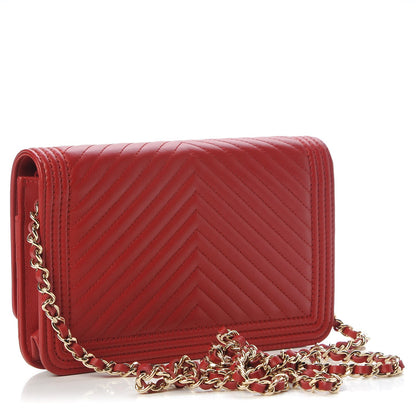 Chanel Calfskin Chevron Quilted Boy Wallet On Chain WOC Red 3 of 9