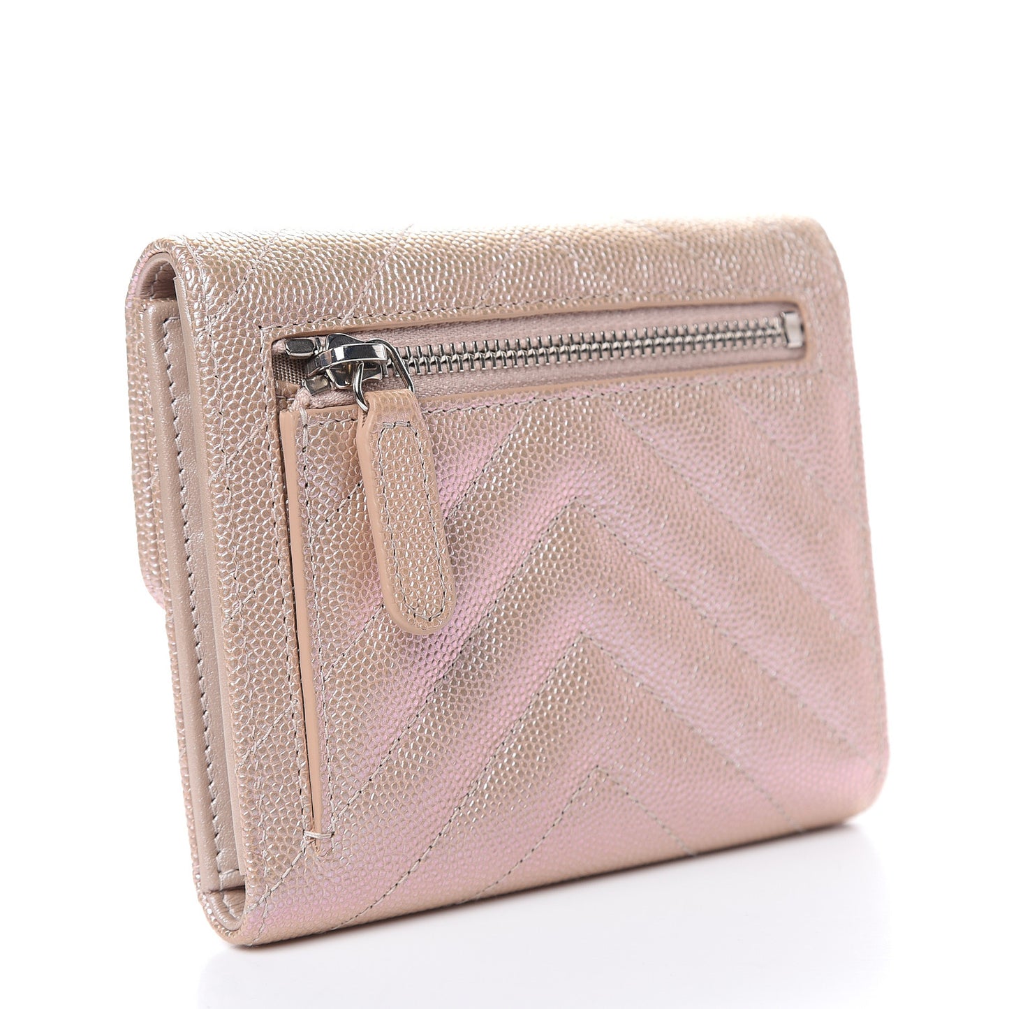 Metallic Caviar Chevron Quilted Compact Flap Wallet Light Gold