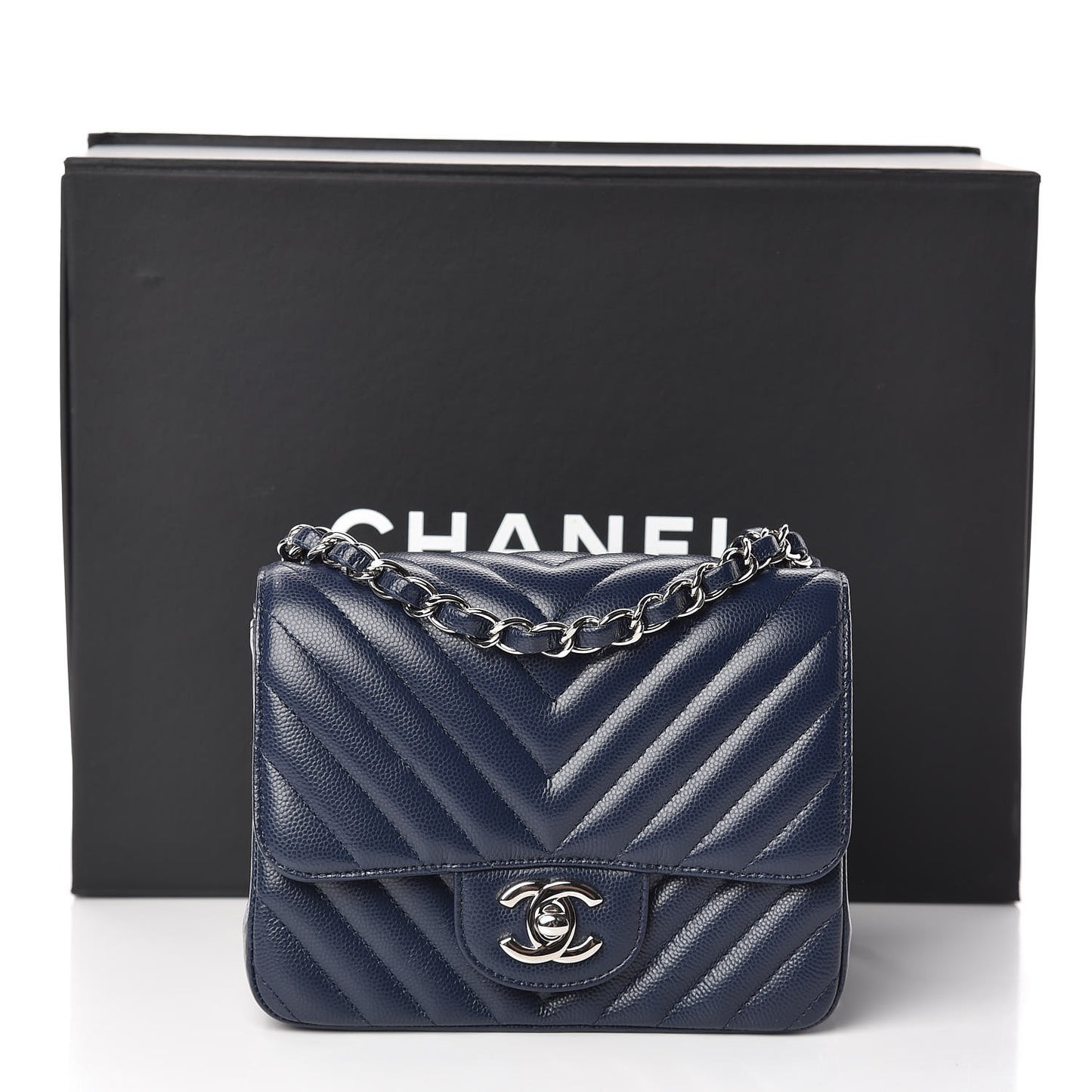 Caviar Chevron Quilted Mini Square Flap Dark Blue