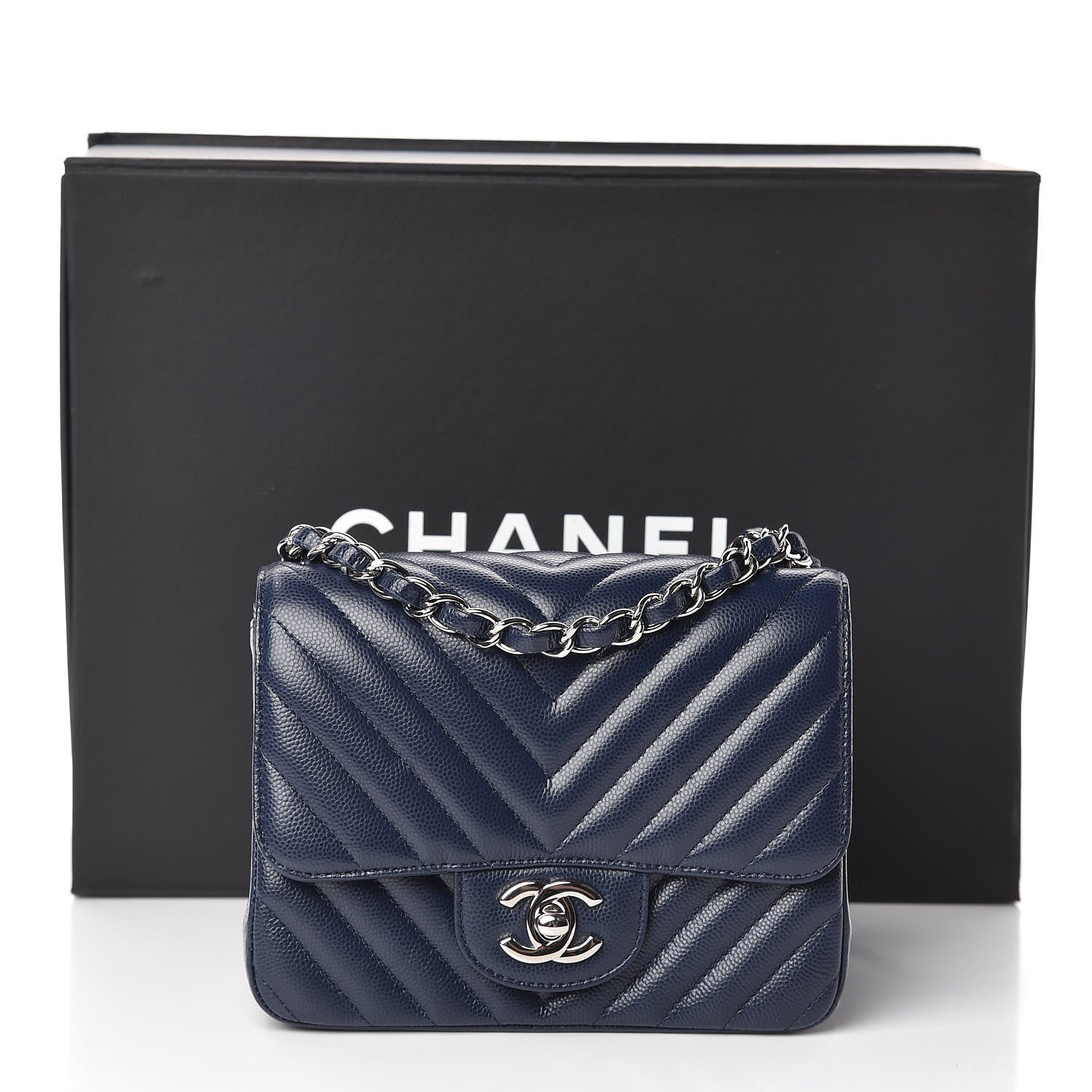 Chanel Caviar Chevron Quilted Mini Square Flap Dark Blue 11 of 11