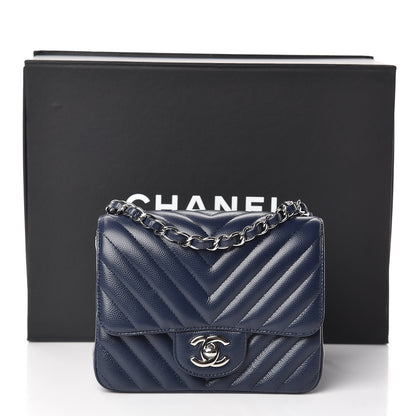Chanel Caviar Chevron Quilted Mini Square Flap Dark Blue 11 of 11