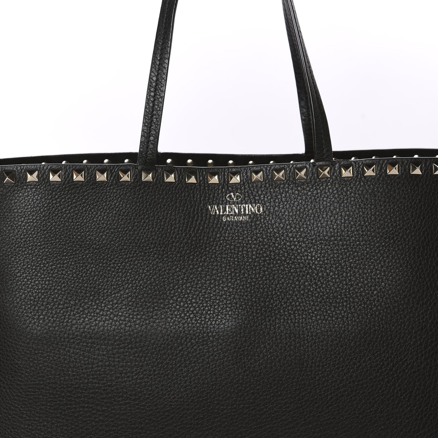 Grained Calfskin Rockstud Shoulder Tote Black