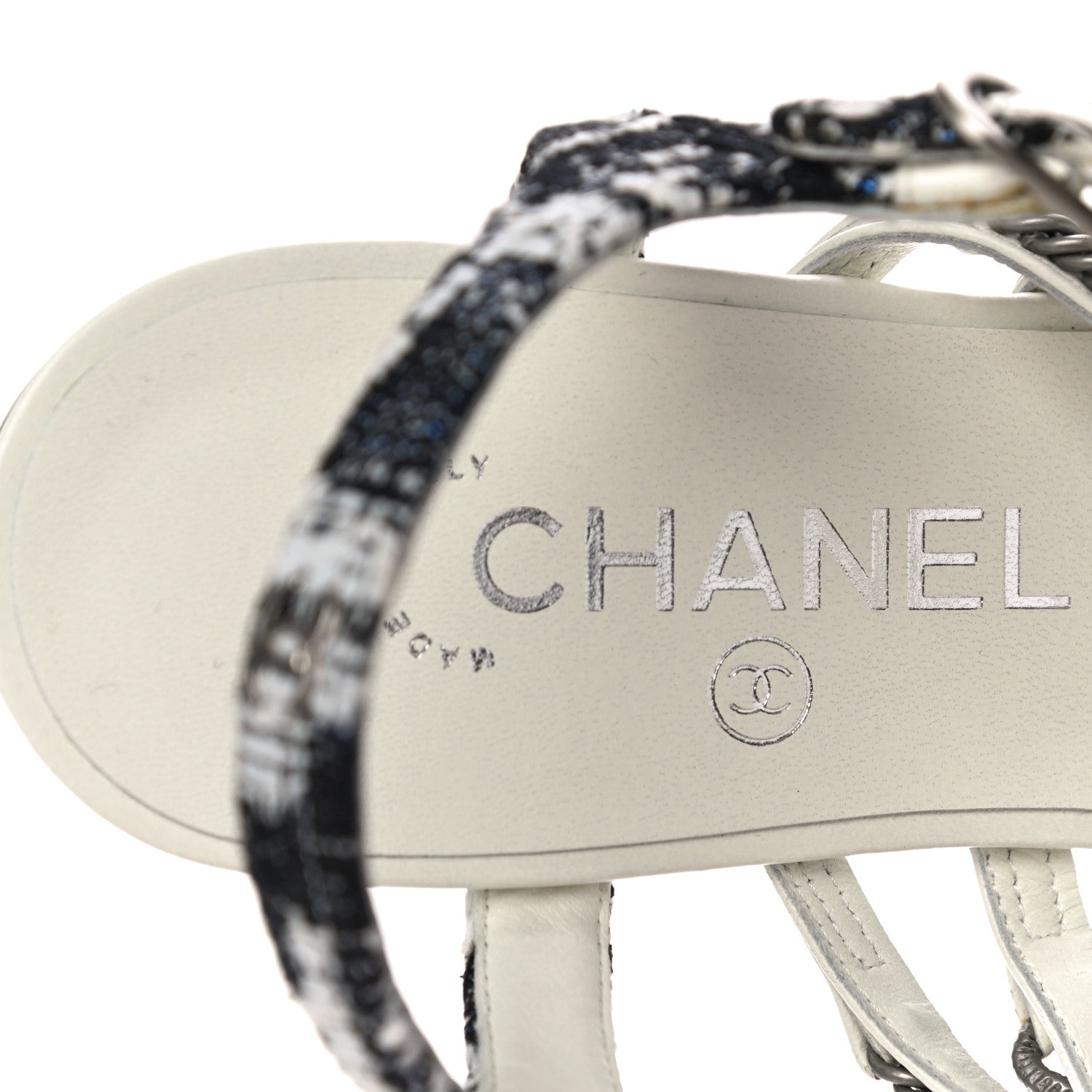 Chanel Tweed Chain Flat Sandals 37 White 10 of 12