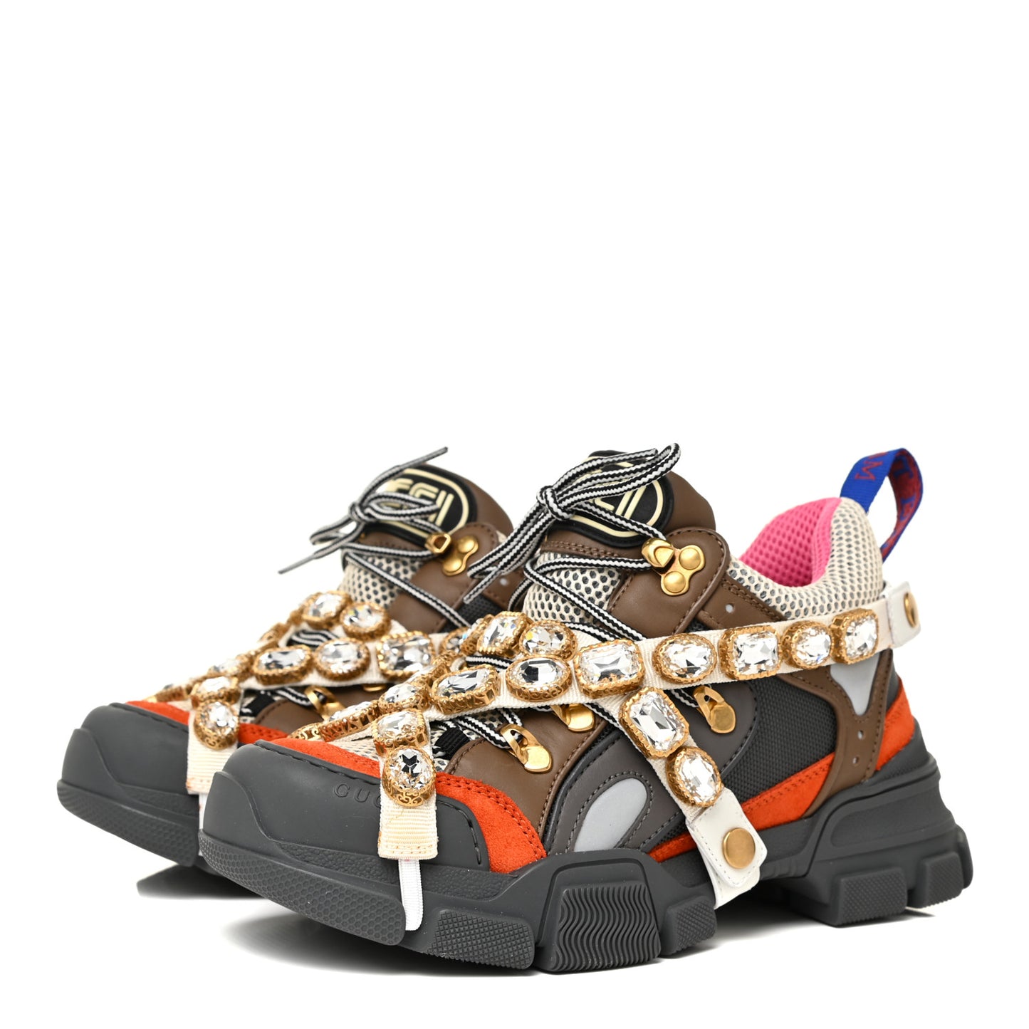 X SEGA Mesh Canvas Calfskin Removable Crystals Womens Flashtrek Sneakers 37.5 White Box Pink Ardesia Loess