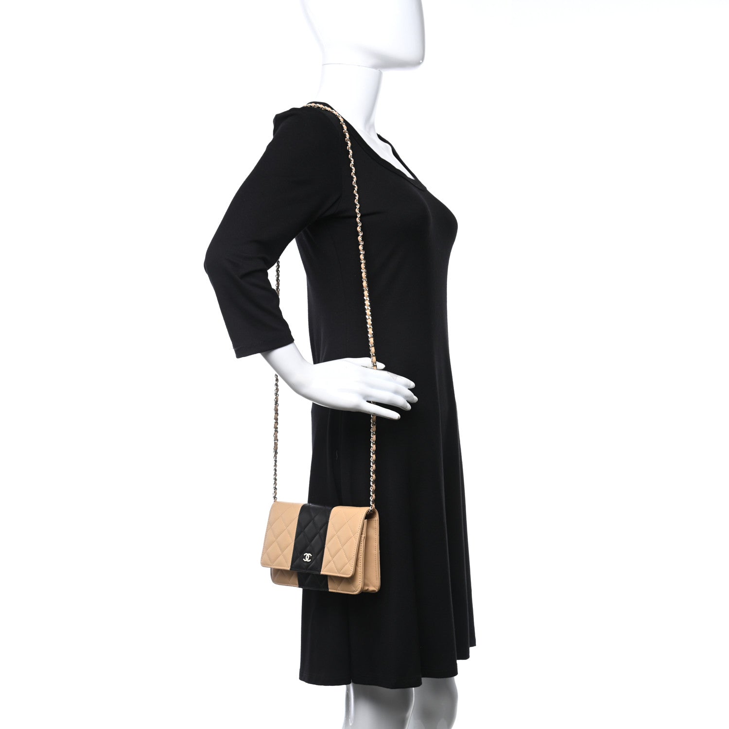 Chanel Lambskin Quilted Wallet On Chain WOC Beige Black 2 of 10