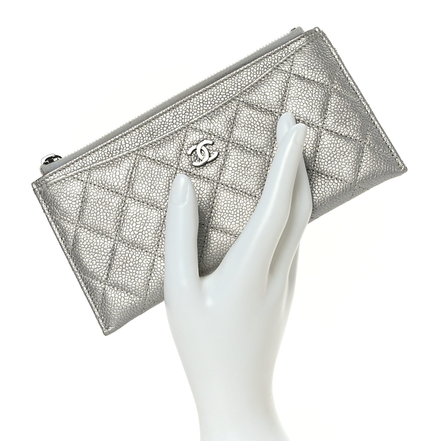 Chanel Metallic Caviar Quilted Classic Zip Pouch Silver 2 of 7
